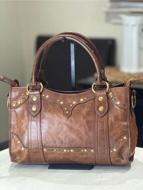Frye Melissa Cognac Leather Studded Crossbody/Satchel W Dustbag NWOT